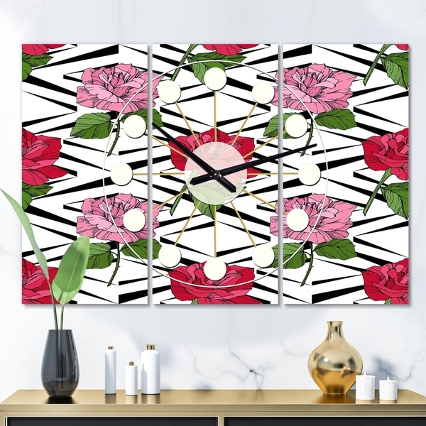 Designart 'Retro Pink and Red Roses' Oversized Mid-Century wall clock - 3 Panels - 36 in. wide x 28 in. high - 3 Panels. Opens flyout.
