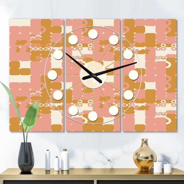 Designart 'Pink Retro Abstract Design' Oversized Mid-Century wall clock - 3 Panels - 36 in. wide x 28 in. high - 3 Panels