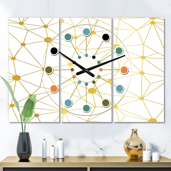 Designart 'Golden Grid I' Oversized Mid-Century wall clock - 3 Panels - 36 in. wide x 28 in. high - 3 Panels