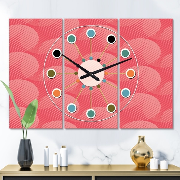 Designart 'Coral Round Geometrical ' Oversized Mid-Century wall clock - 3 Panels - 36 in. wide x 28 in. high - 3 Panels
