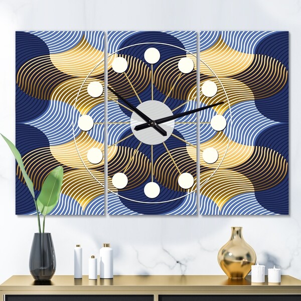 Designart 'Retro Luxury Waves In Gold and Blue II' Oversized Mid-Century wall clock - 3 Panels