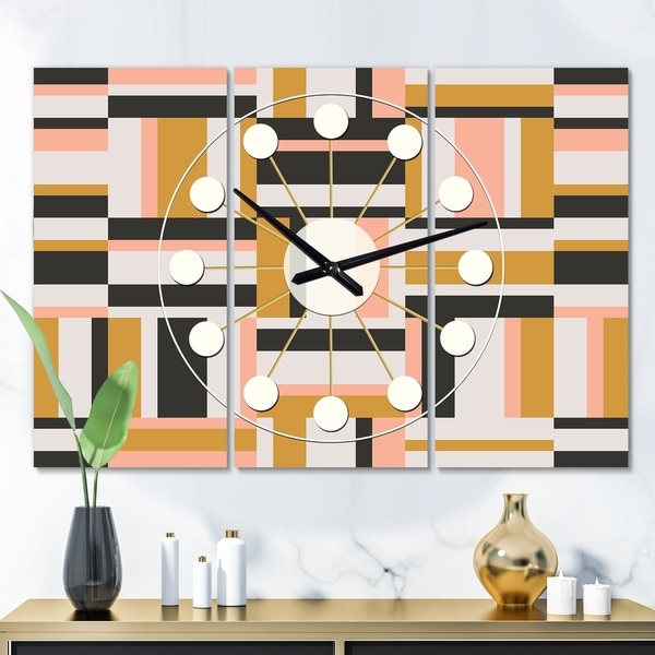 Designart 'Abstract Retro Geometric IX' Oversized Mid-Century wall clock - 3 Panels - 36 in. wide x 28 in. high - 3 Panels