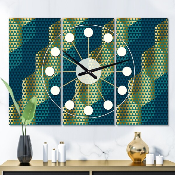 Designart 'Retro Hexagon Pattern V' Oversized Mid-Century wall clock - 3 Panels - 36 in. wide x 28 in. high - 3 Panels