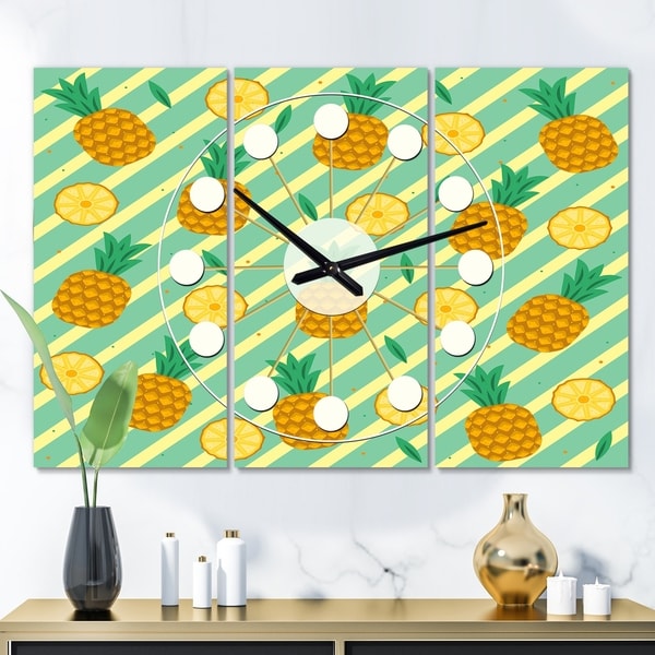Designart 'Pineapple Summer Bliss I' Oversized Mid-Century wall clock - 3 Panels - 36 in. wide x 28 in. high - 3 Panels