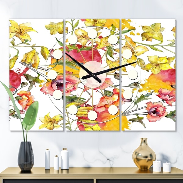 Designart 'Retro Handdrawn Poppies IV' Oversized Mid-Century wall clock - 3 Panels - 36 in. wide x 28 in. high - 3 Panels