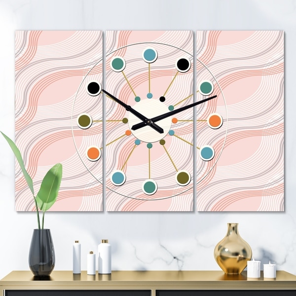 Designart 'Pink Elegant Pastel Waves' Oversized Mid-Century wall clock - 3 Panels - 36 in. wide x 28 in. high - 3 Panels