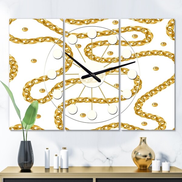 Designart 'Golden Chain Necklace' Oversized Mid-Century wall clock - 3 Panels - 36 in. wide x 28 in. high - 3 Panels