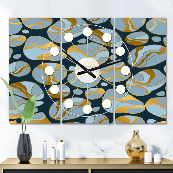 Designart 'Golden Marble Design IV' Oversized Mid-Century wall clock - 3 Panels - 36 in. wide x 28 in. high - 3 Panels