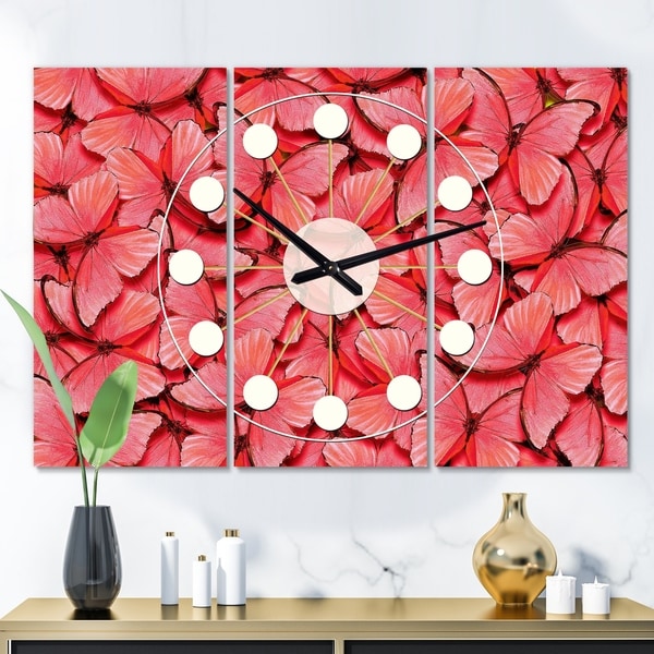 Designart 'Coral Pink Butterflies' Oversized Mid-Century wall clock - 3 Panels - 36 in. wide x 28 in. high - 3 Panels