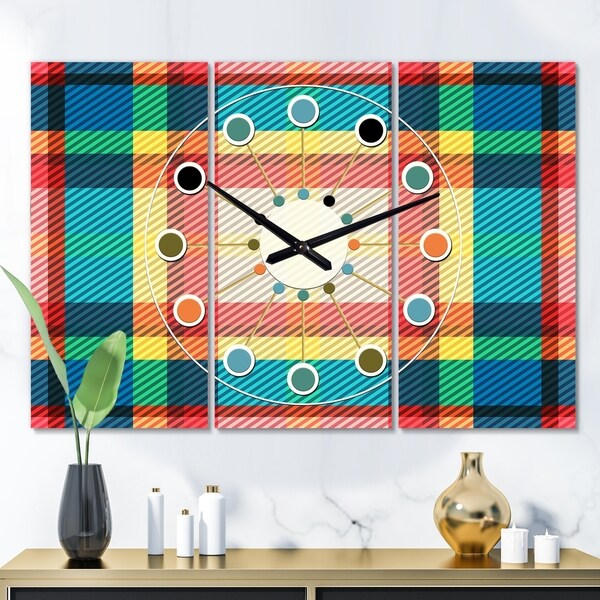 Designart 'Tartan Geometrical Texture III' Oversized Mid-Century wall clock - 3 Panels - 36 in. wide x 28 in. high - 3 Panels
