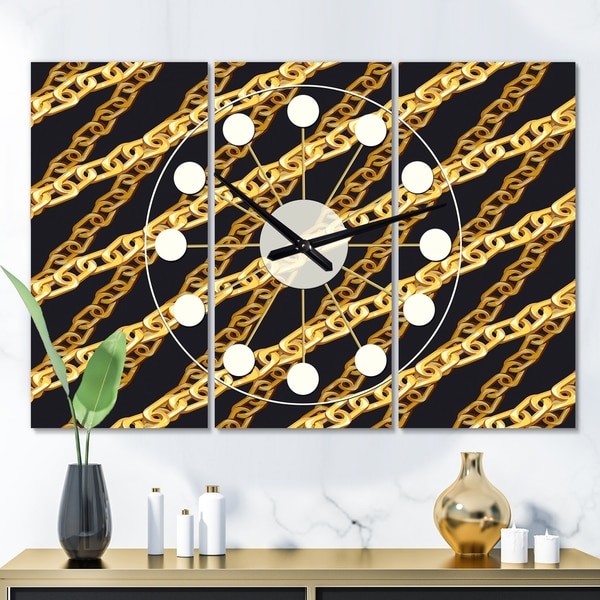 Designart 'Golden ZigZag Chain' Oversized Mid-Century wall clock - 3 Panels - 36 in. wide x 28 in. high - 3 Panels