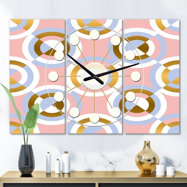 Designart 'Circular geometric shapes pattern' Oversized Mid-Century wall clock - 3 Panels - 36 in. wide x 28 in. high - 3 Panels