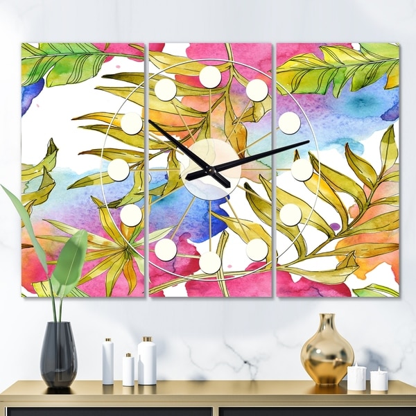 Designart 'Tropical Foliage IV' Oversized Mid-Century wall clock - 3 Panels - 36 in. wide x 28 in. high - 3 Panels