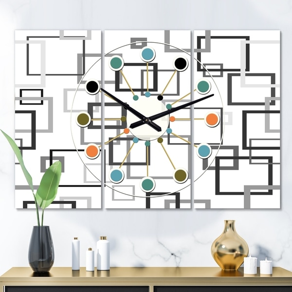 Designart 'Abstract Retro Design II' Oversized Mid-Century wall clock - 3 Panels - 36 in. wide x 28 in. high - 3 Panels