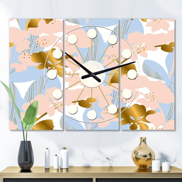 Designart 'Golden Foliage XV' Oversized Mid-Century wall clock - 3 Panels - 36 in. wide x 28 in. high - 3 Panels