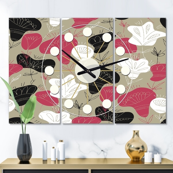 Designart 'Folk flowers hand drawn pattern' Oversized Mid-Century wall clock - 3 Panels - 36 in. wide x 28 in. high - 3 Panels
