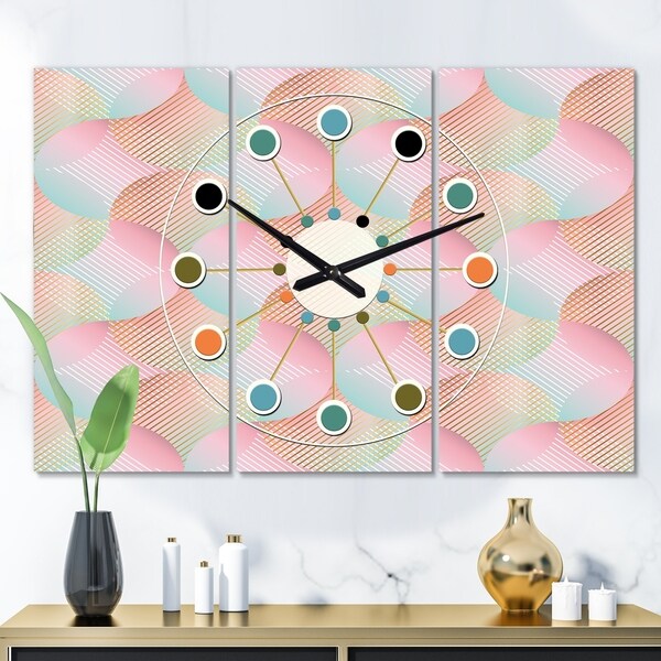 Designart 'Abstract Design Retro Pattern VII' Oversized Mid-Century wall clock - 3 Panels - 36 in. wide x 28 in. high - 3 Panels