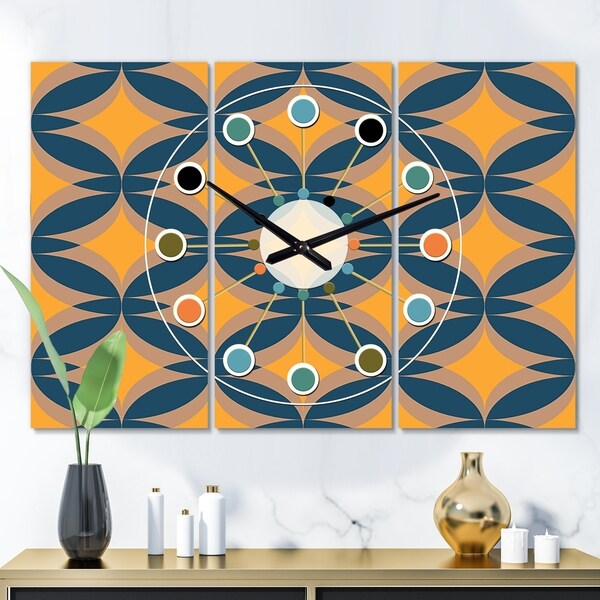 Designart 'Abstract Retro Design III' Oversized Mid-Century wall clock - 3 Panels - 36 in. wide x 28 in. high - 3 Panels
