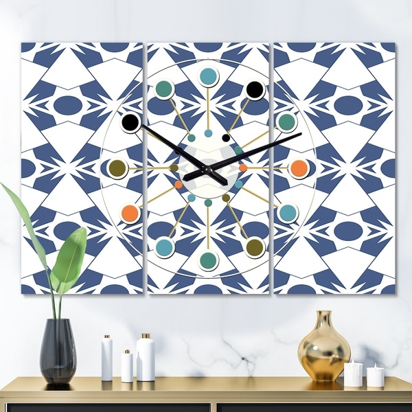 Designart 'Abstract Retro Geometrical Design I ' Oversized Mid-Century wall clock - 3 Panels