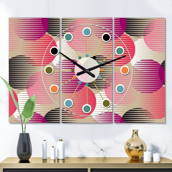 Designart 'Retro Circular Pattern VIII' Oversized Mid-Century wall clock - 3 Panels - 36 in. wide x 28 in. high - 3 Panels
