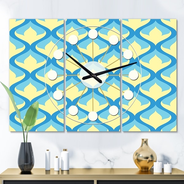 Designart 'Retro Pattern Abstract Design IX' Oversized Mid-Century wall clock - 3 Panels - 36 in. wide x 28 in. high - 3 Panels