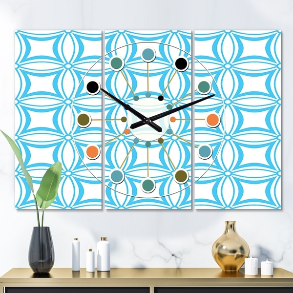 Designart 'Retro Pattern Abstract Design II' Oversized Mid-Century wall clock - 3 Panels - 36 in. wide x 28 in. high - 3 Panels