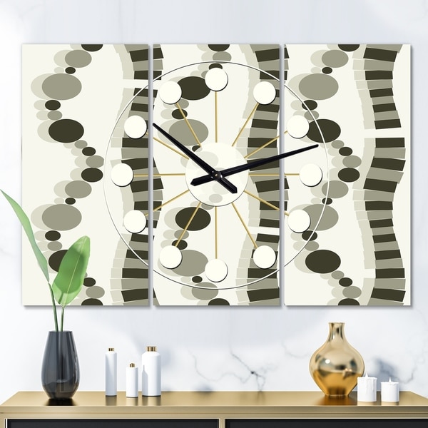 Designart 'Monochrome Geometric Pattern VI' Oversized Mid-Century wall clock - 3 Panels - 36 in. wide x 28 in. high - 3 Panels