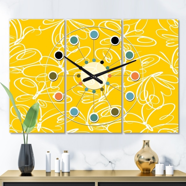 Designart 'Butterflies hand drawn color pattern' Oversized Mid-Century wall clock - 3 Panels