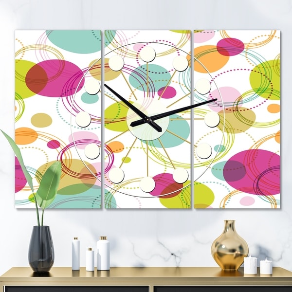 Designart 'Retro Circular Design II' Oversized Mid-Century wall clock - 3 Panels - 36 in. wide x 28 in. high - 3 Panels