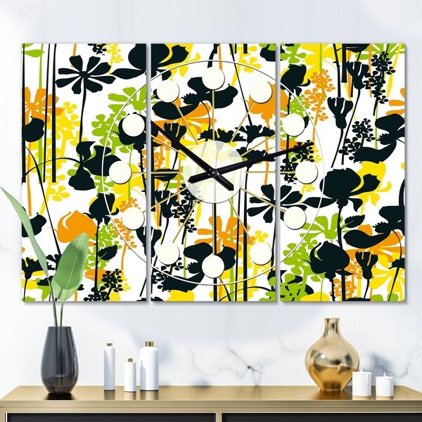 Designart 'Summer meadow pattern, black silhouettes' Oversized Mid-Century wall clock - 3 Panels