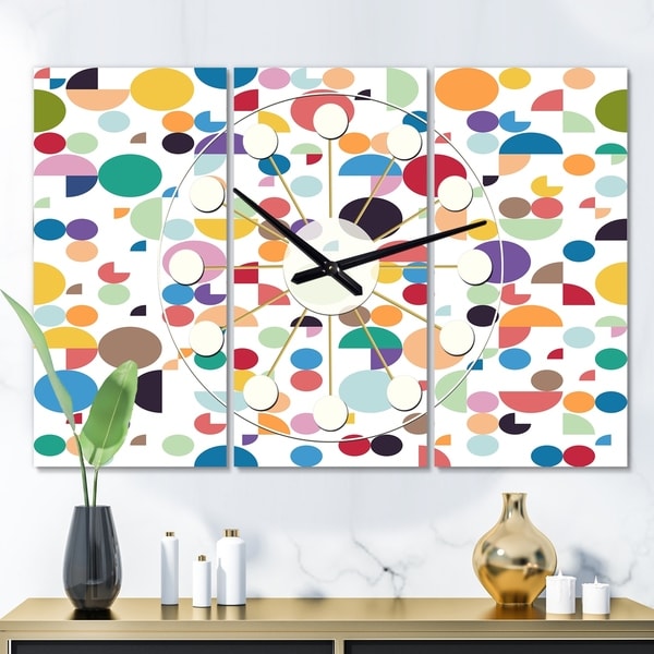 Designart 'Retro Abstract Circular I' Oversized Mid-Century wall clock - 3 Panels - 36 in. wide x 28 in. high - 3 Panels