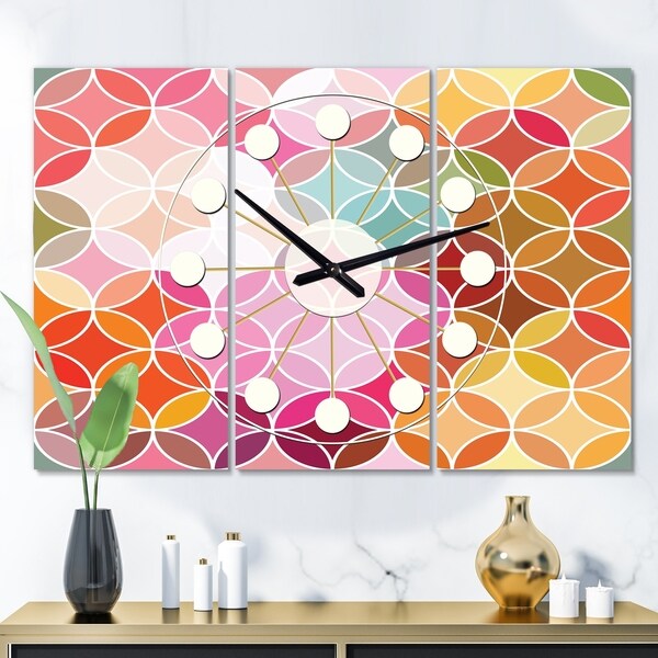 Designart 'Geometrical Retro Design II' Oversized Mid-Century wall clock - 3 Panels - 36 in. wide x 28 in. high - 3 Panels