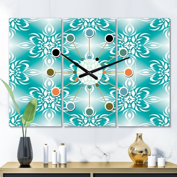 Designart 'Retro Turquoise Pattern' Oversized Mid-Century wall clock - 3 Panels - 36 in. wide x 28 in. high - 3 Panels