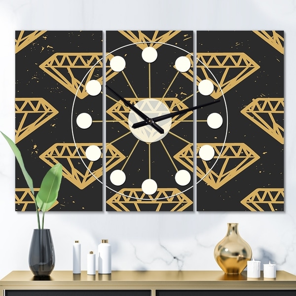 Designart 'Vintage Golden Diamonds' Oversized Mid-Century wall clock - 3 Panels - 36 in. wide x 28 in. high - 3 Panels