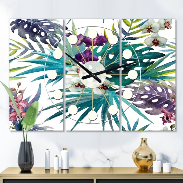 Designart 'Retro Floral Botanical Design II' Oversized Mid-Century wall clock - 3 Panels - 36 in. wide x 28 in. high - 3 Panels