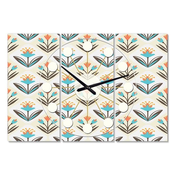 Designart Pattern With Floral Ornament Oversized Mid Century Wall Clock 3 Panels 36 In Wide X 28 In High 3 Panels On Sale Overstock 28735968