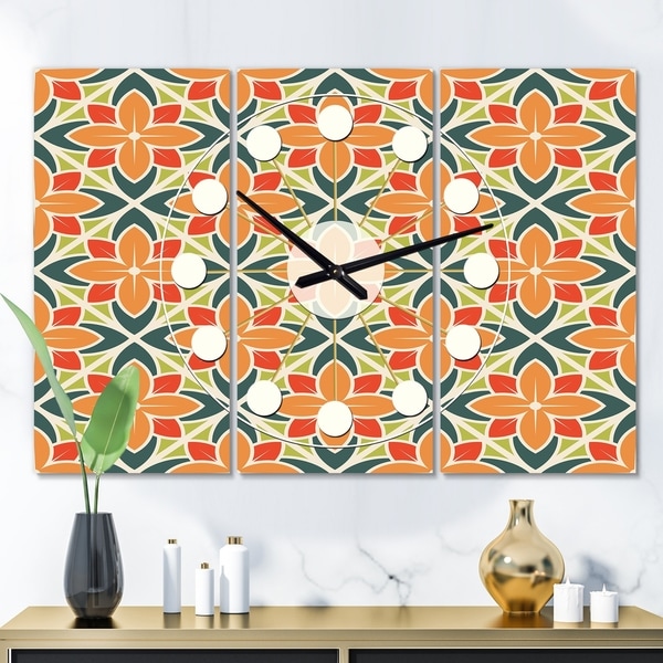 Designart 'Retro Floral Pattern IV' Oversized Mid-Century wall clock - 3 Panels - 36 in. wide x 28 in. high - 3 Panels. Opens flyout.