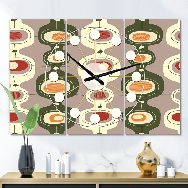 Designart 'Retro Abstract Design X' Oversized Mid-Century wall clock - 3 Panels - 36 in. wide x 28 in. high - 3 Panels