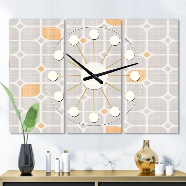 Designart 'Retro Geometrical Pattern II' Oversized Mid-Century wall clock - 3 Panels - 36 in. wide x 28 in. high - 3 Panels