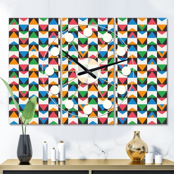 Designart 'Retro Ornamental Design II' Oversized Mid-Century wall clock - 3 Panels - 36 in. wide x 28 in. high - 3 Panels