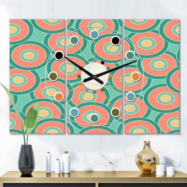 Designart 'Retro Circular Pattern VI' Oversized Mid-Century wall clock - 3 Panels - 36 in. wide x 28 in. high - 3 Panels
