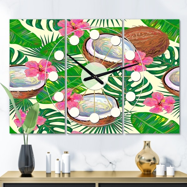 Designart 'Tropical Cooconut and Jungle Flowers' Oversized Mid-Century wall clock - 3 Panels. Opens flyout.