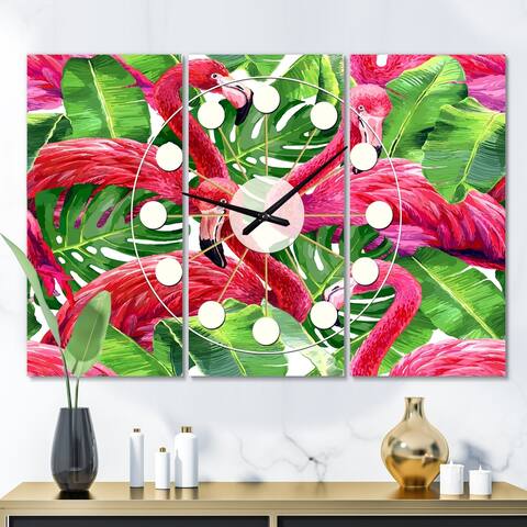 Designart 'Retro Tropical Pink Flamingo' Oversized Mid-Century wall clock - 3 Panels - 36 in. wide x 28 in. high - 3 Panels