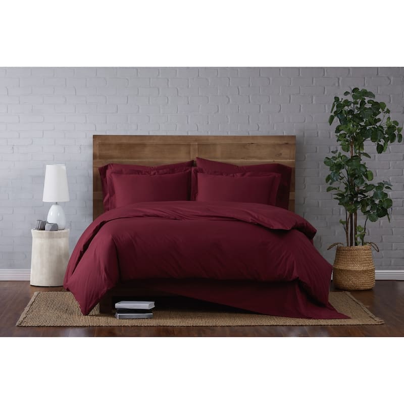 Brooklyn Loom Tight-Weave Cotton Percale Duvet Set - Full - Queen - Burgundy