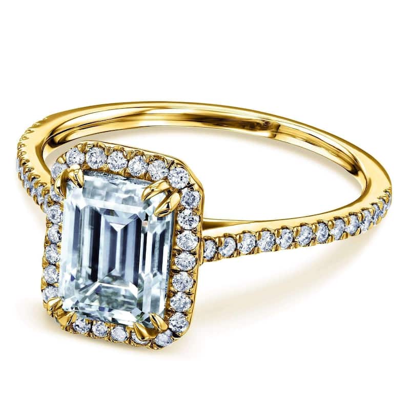 Annello by Kobelli 14k Gold 1.75ct Emerald Moissanite and 1/3ct Lab Grown Diamond Halo Engagement Ring (2ct TGW) - 7.5 - Yellow