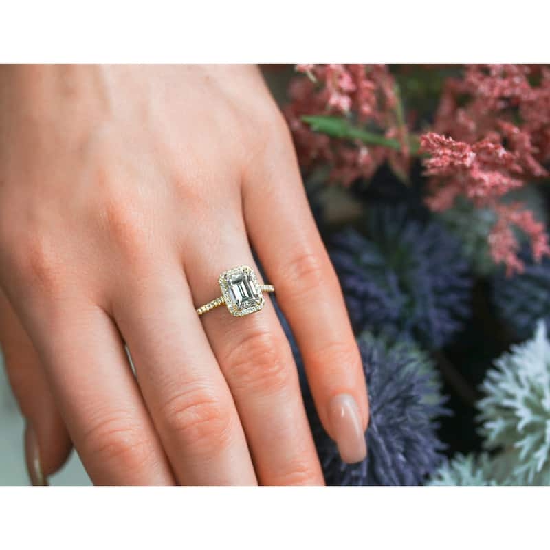 Annello by Kobelli 14k Gold 1.75ct Emerald Moissanite and 1/3ct Lab Grown Diamond Halo Engagement Ring (2ct TGW)