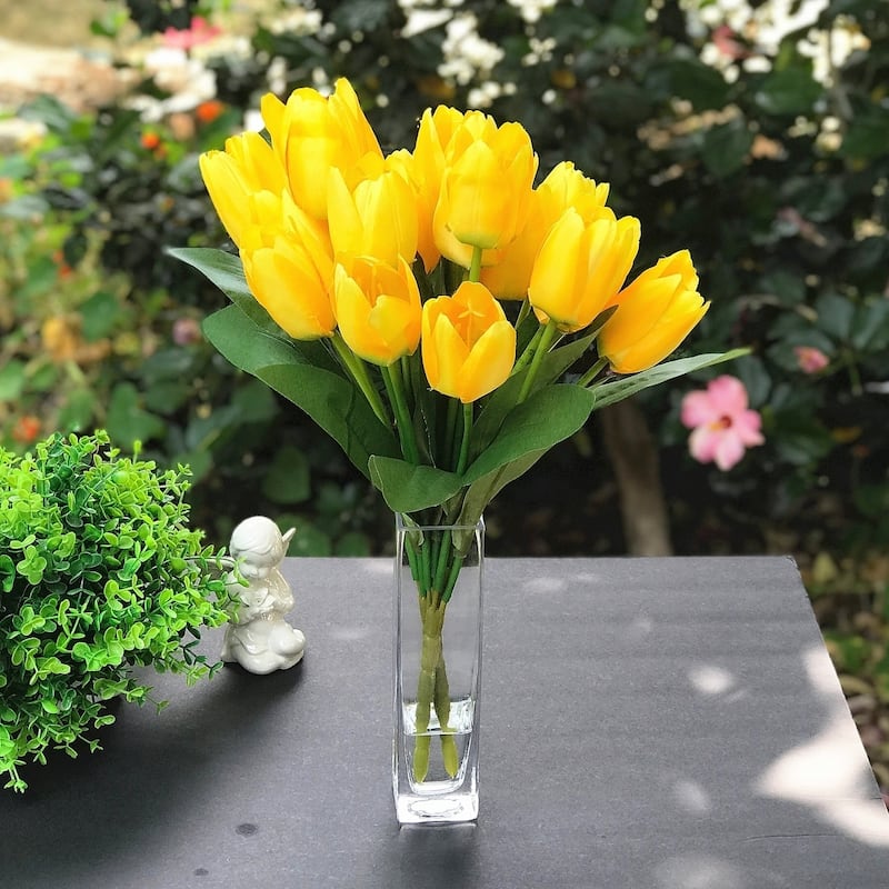 Enova Home Artificial 2 Bushes Yellow Silk Tulips Fake Flowers in Clear Glass Vase with Faux Water for Home Decoration