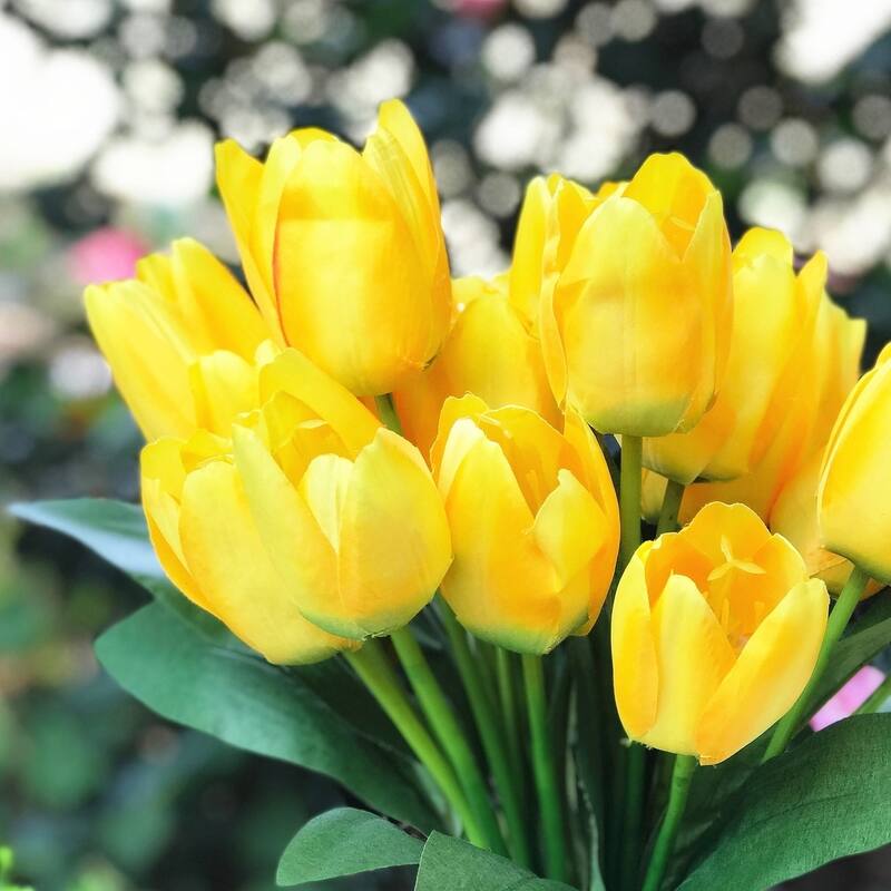 Enova Home Artificial 2 Bushes Yellow Silk Tulips Fake Flowers in Clear Glass Vase with Faux Water for Home Decoration