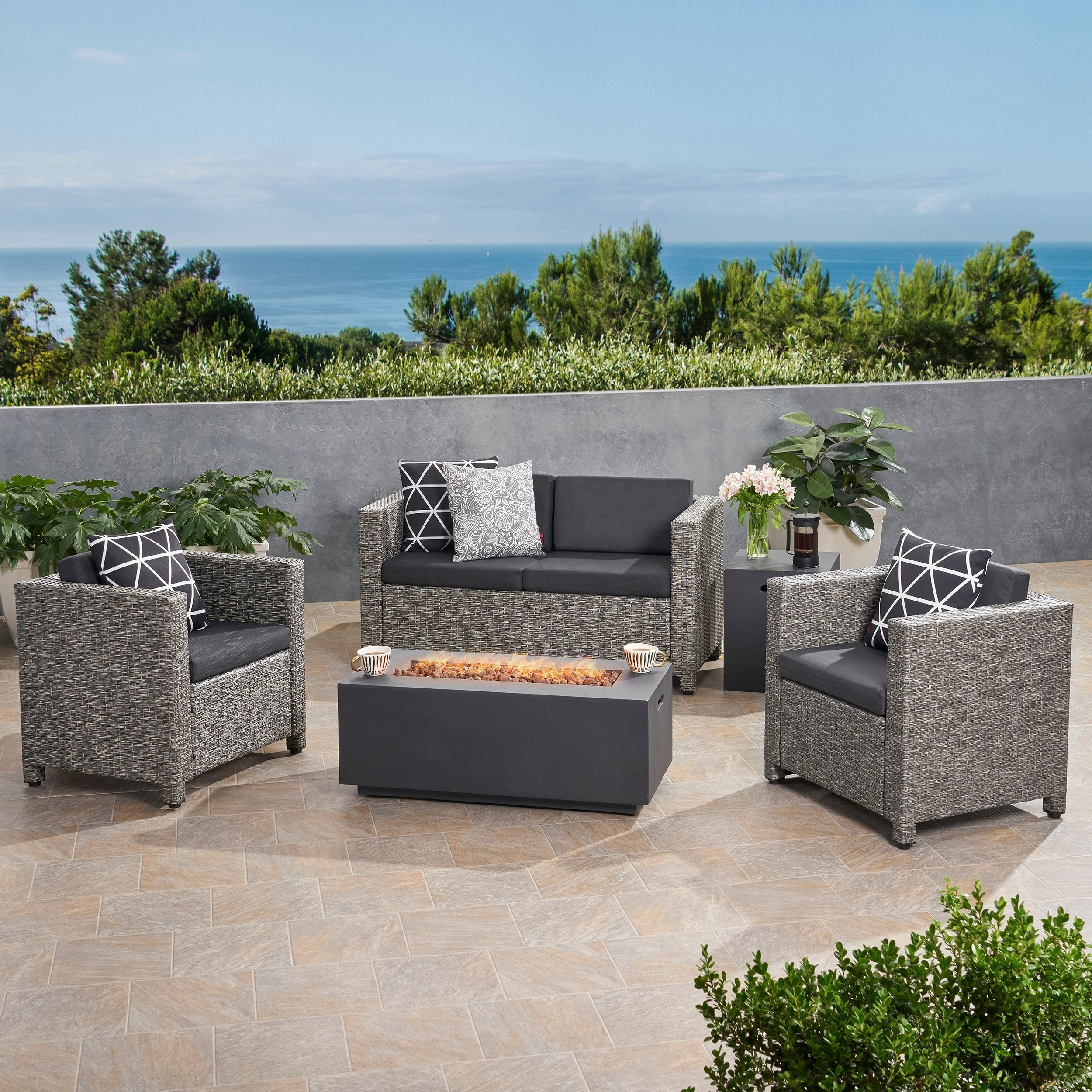 St. Lucia Outdoor 4 Seater Wicker Chat Set with Fire Pit by Christopher