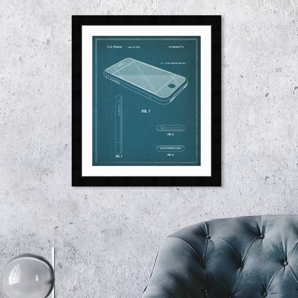 Oliver Gal 'Apple iPhone 2010' Entertainment and Hobbies Framed Blueprint Wall Art - Blue, White